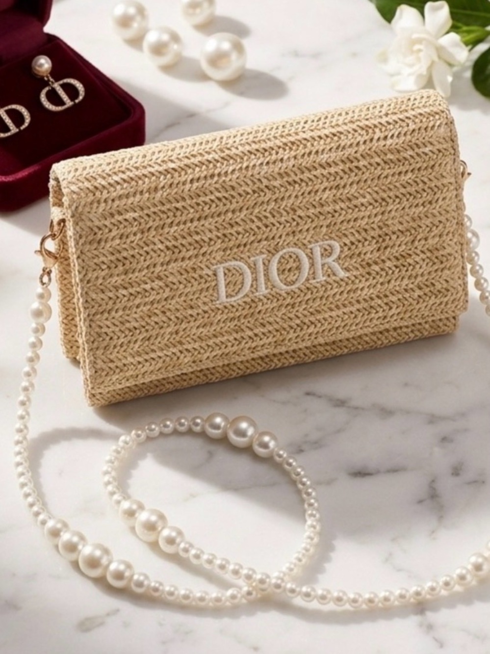 Dior Raffia Crossbody with Pearl Strap